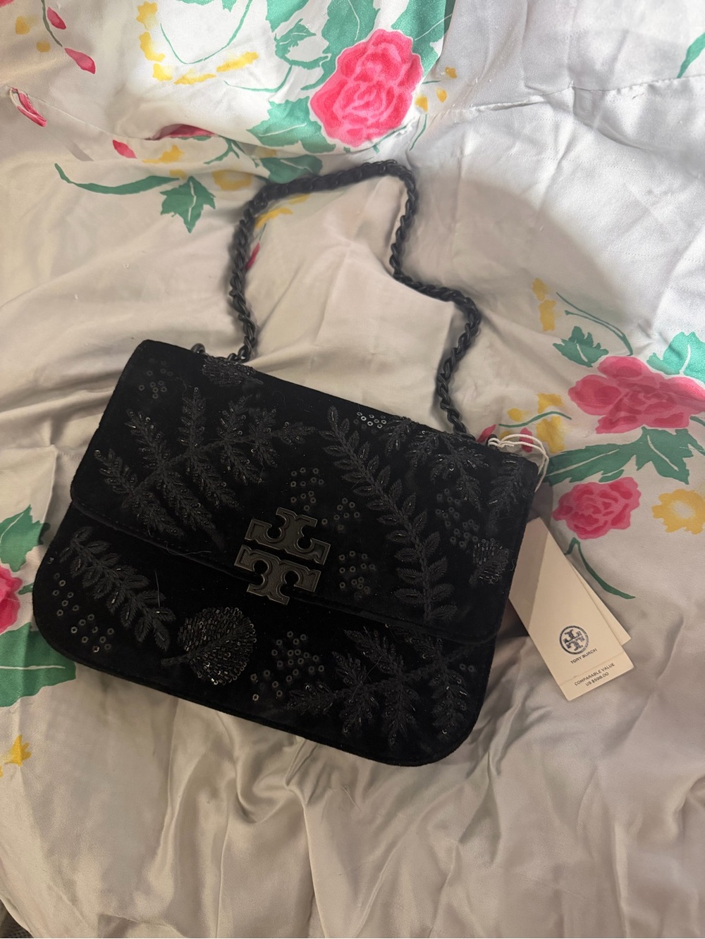 Tory Burch Black Embroidered Velvet Crossbody Bag